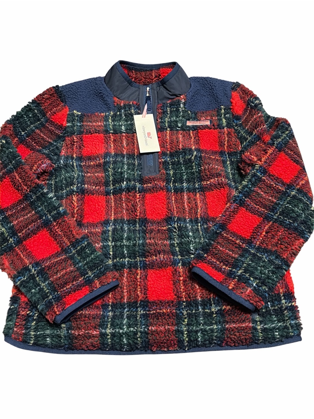 Vineyard Vines Kids Red & Navy Plaid Sherpa Quarter-Zip Pullover